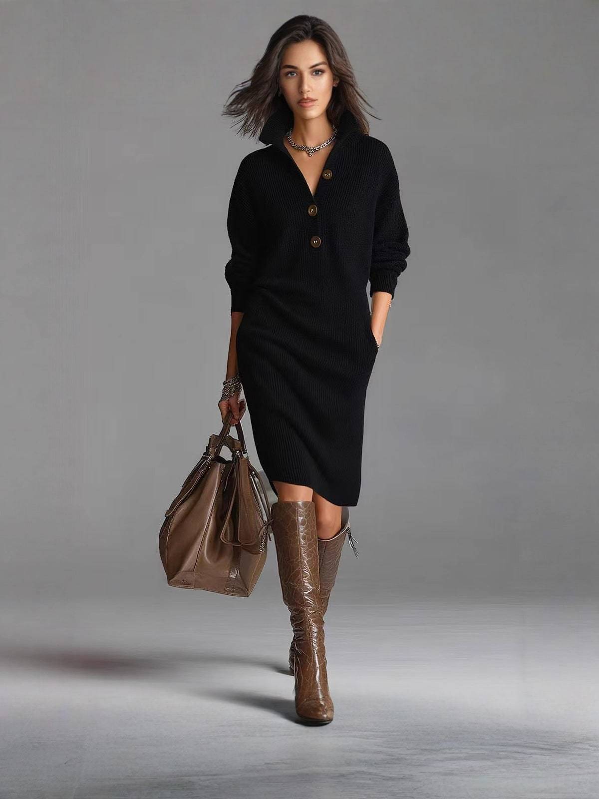 Ribbed Knit Midi Dress with Buttoned Stand Collar and Deep Side Pockets