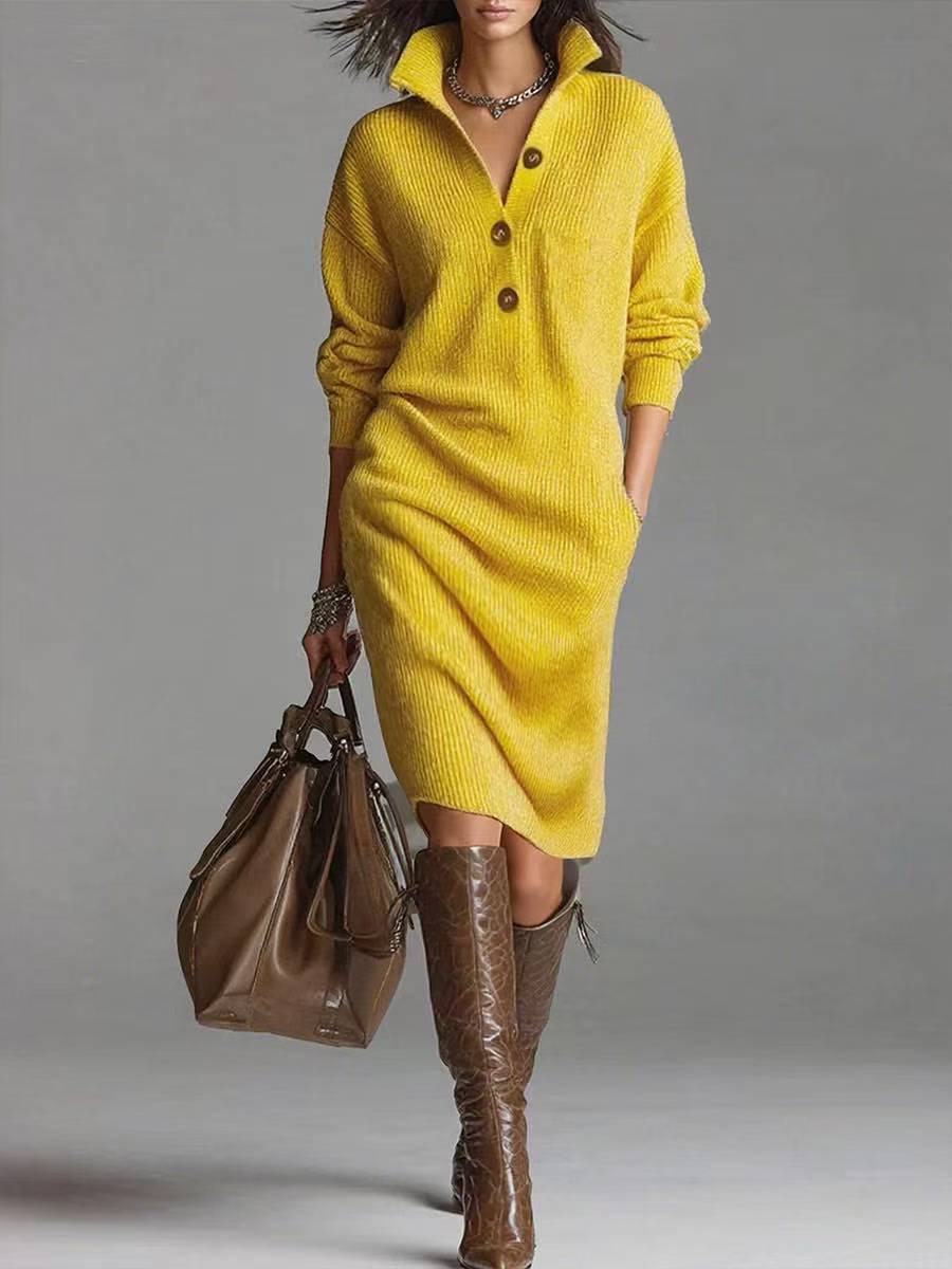 Ribbed Knit Midi Dress with Buttoned Stand Collar and Deep Side Pockets