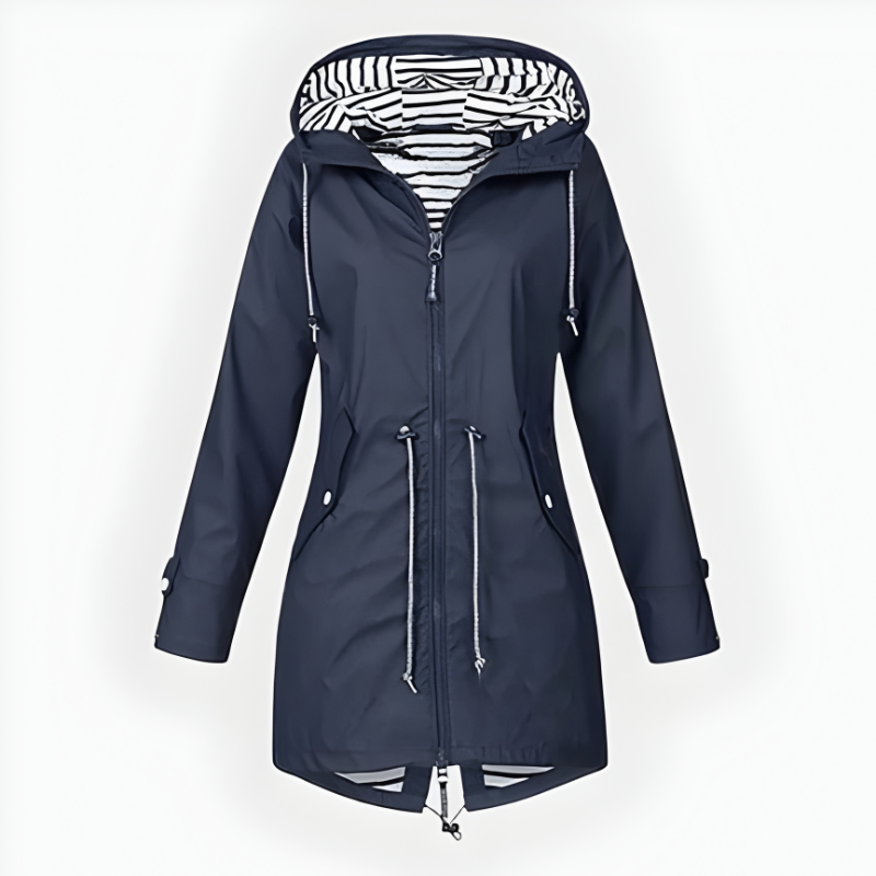 Extended Length Rain Jacket with Adjustable Hood and Front Zipper for Women