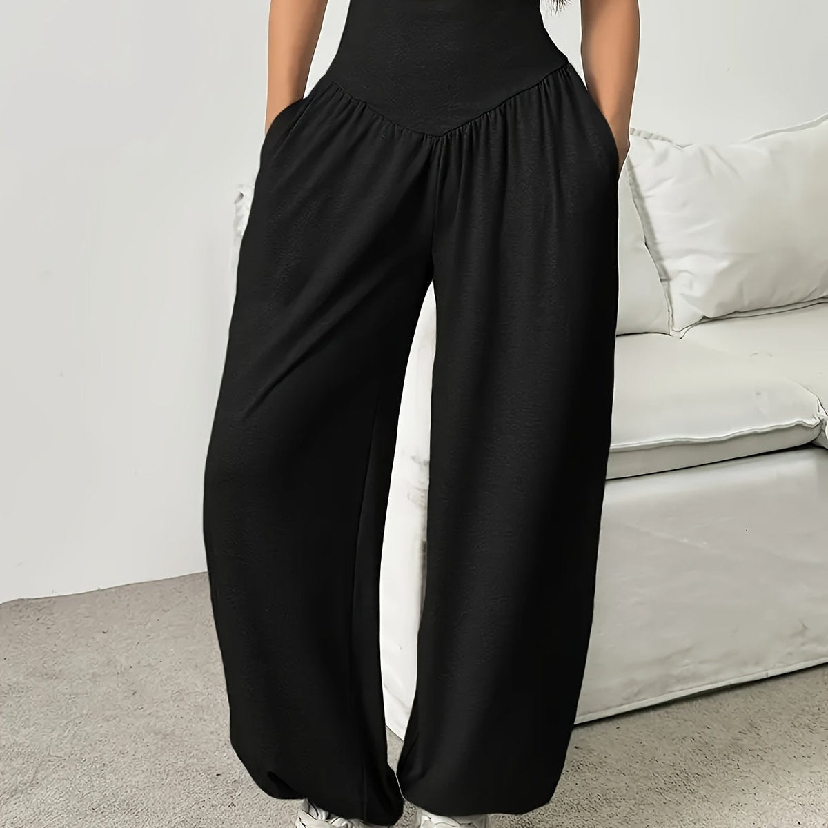 High Waist Balloon Pants with Crossover Waistband, Cuffed Ankles and Side Pockets