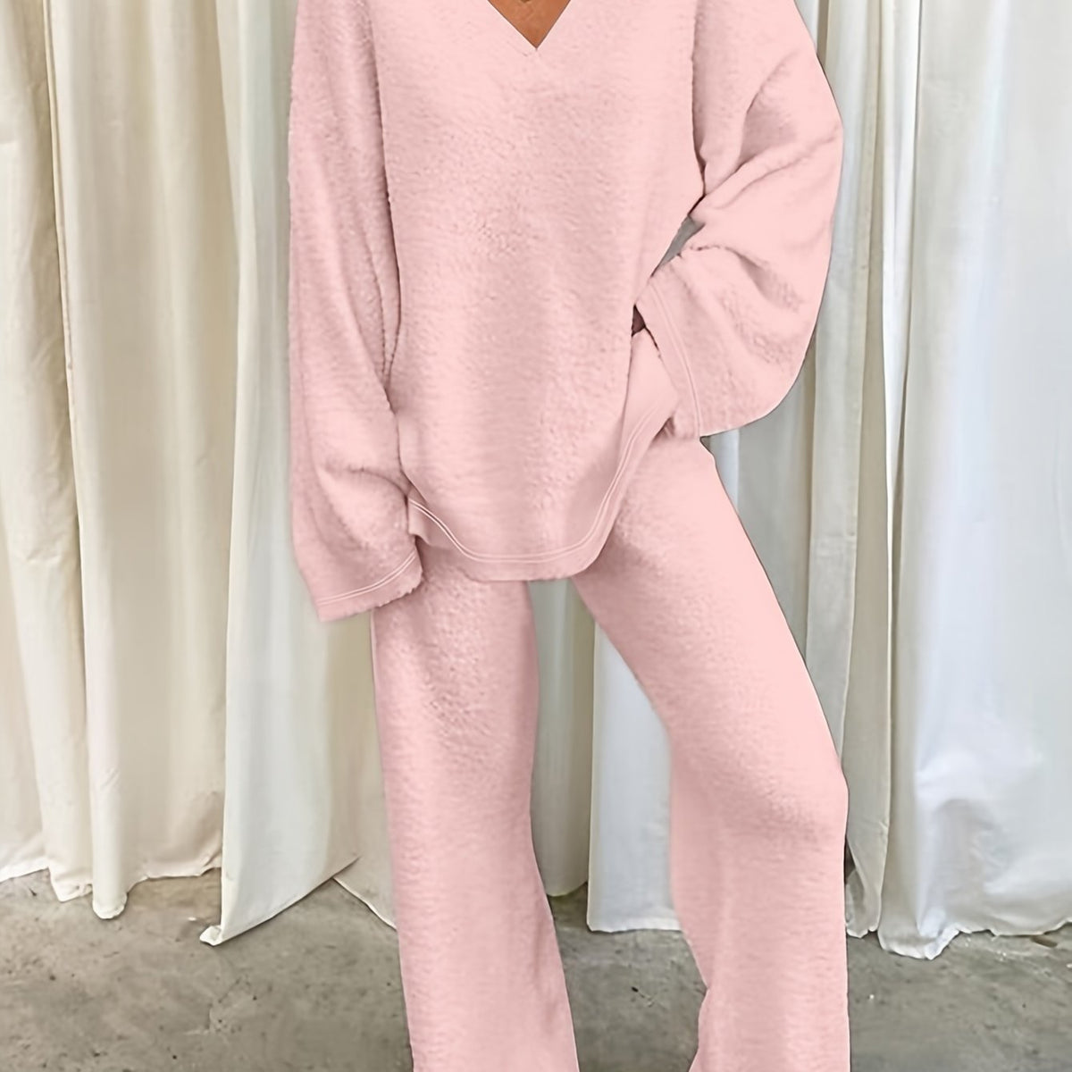 V Neck Pullover Top with Wide Leg Trousers, Two Piece Lounge Set