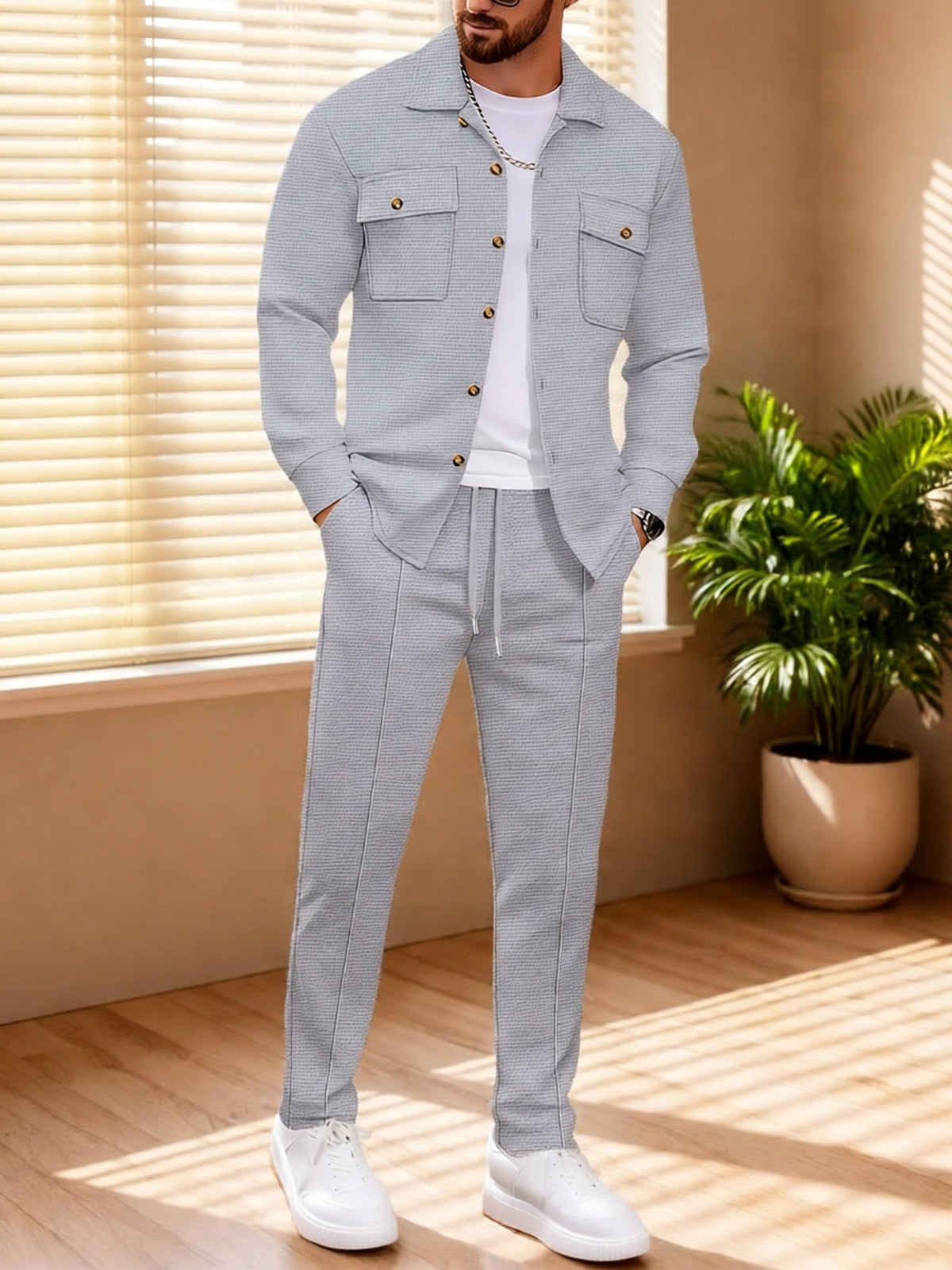 Button Front Top and Matching Trousers with Drawstring Waist, Textured Fabric