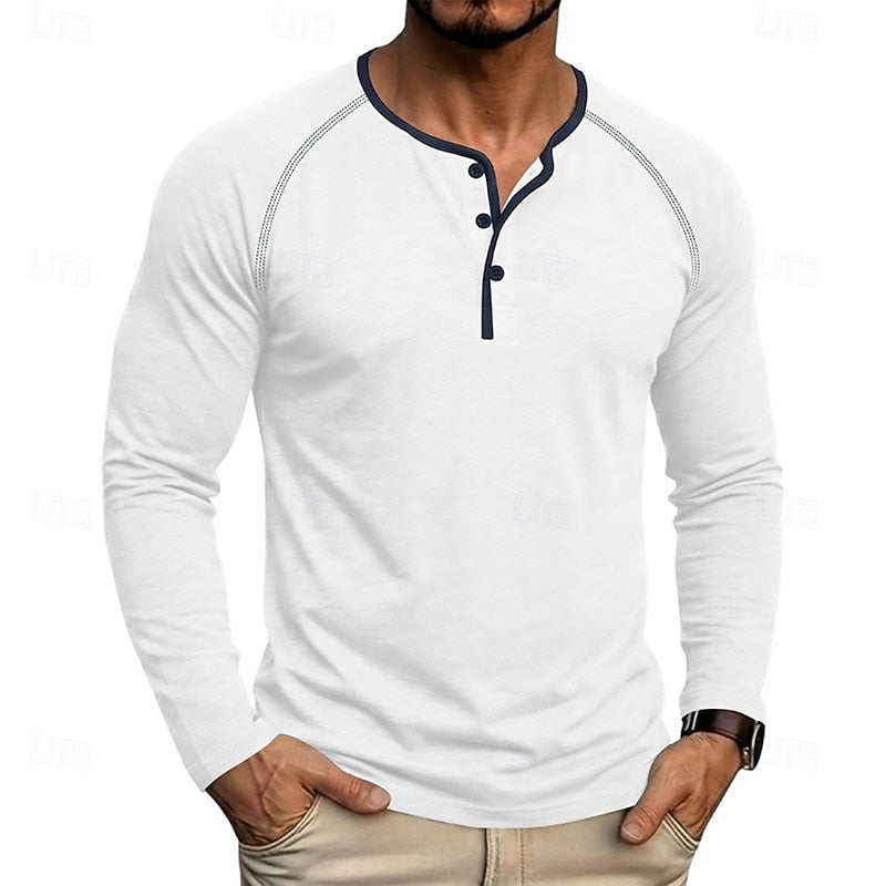 Long Sleeve Henley Shirt with Button Placket and Raglan Sleeves