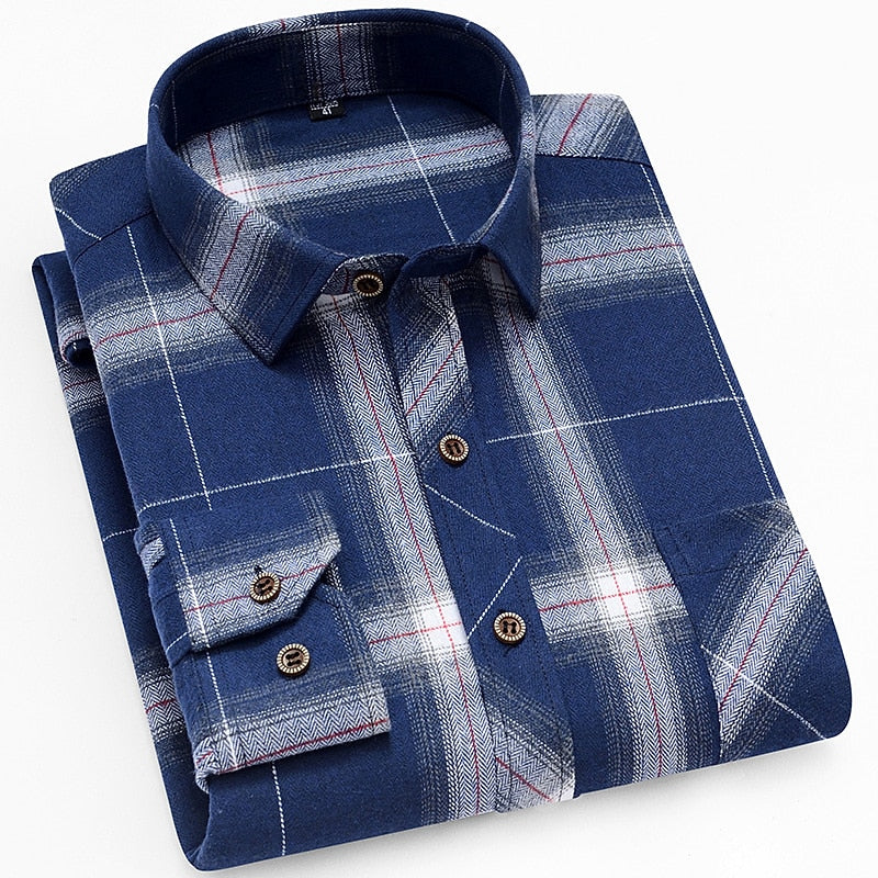 Mens Check Button Up Shirt with Long Sleeves and Tailored Fit