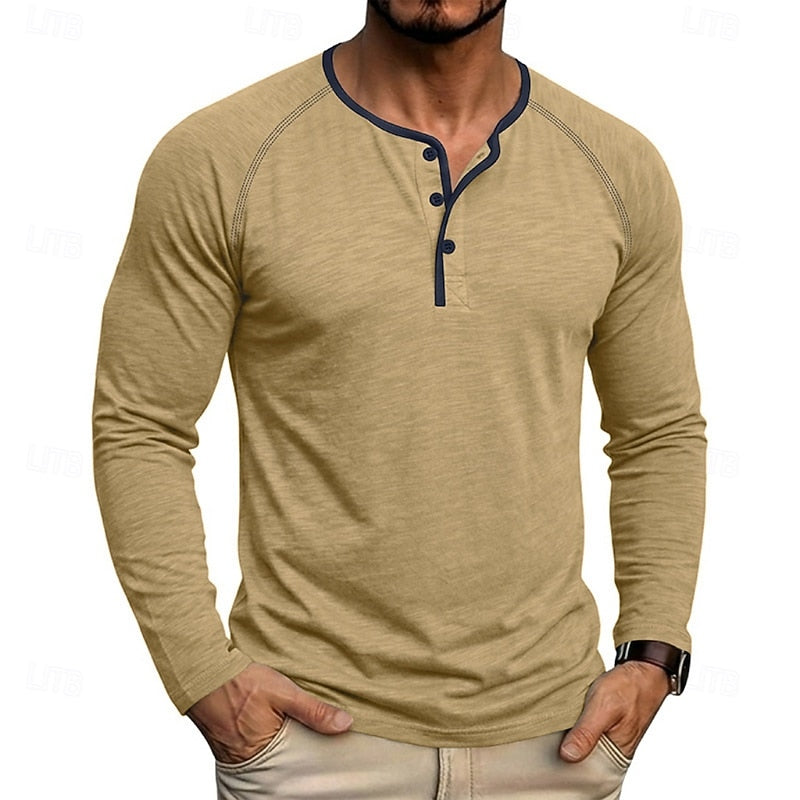 Long Sleeve Henley Shirt with Button Placket and Raglan Sleeves