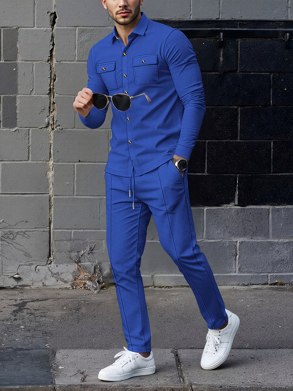 Button Front Top and Matching Trousers with Drawstring Waist, Textured Fabric