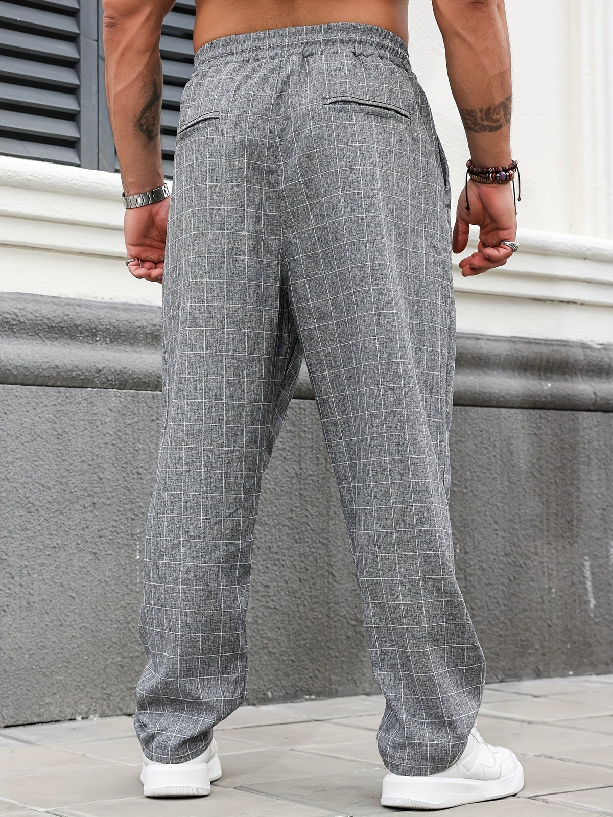 Relaxed Fit Windowpane Check Pants with Adjustable Drawstring Waist