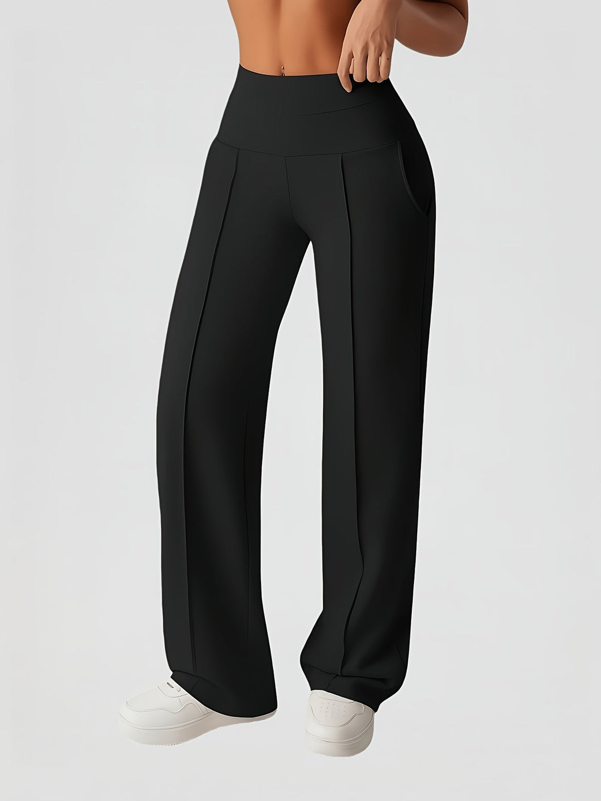 Wide Leg Pants with High Waist and Four Way Stretch, Deep Side Pockets