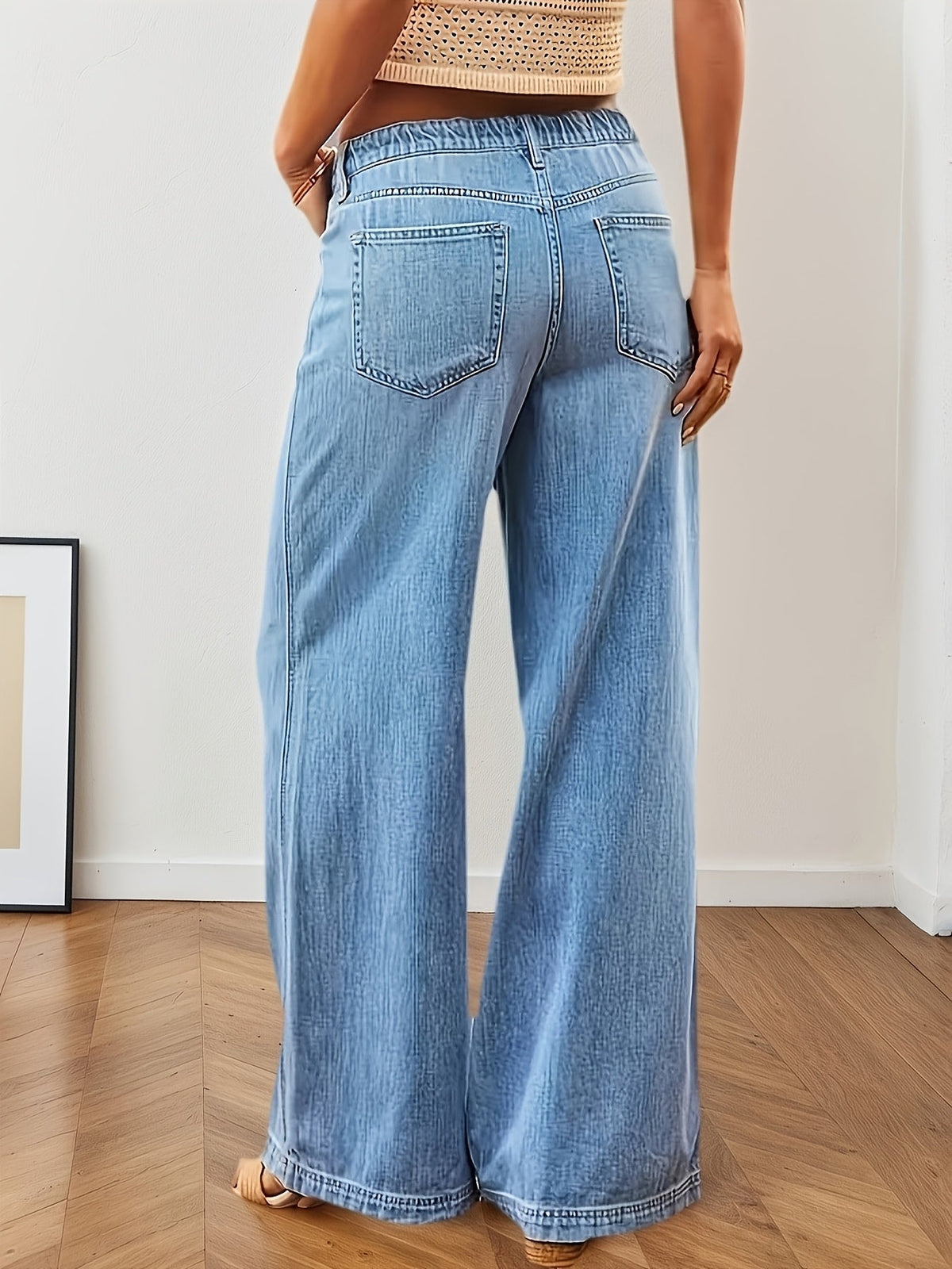 Elastic Waist Wide Leg Pants with High Rise and Functional Pockets