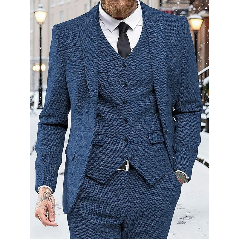 Mens Three Piece Suit with Single Breasted Jacket and Tailored Waistcoat