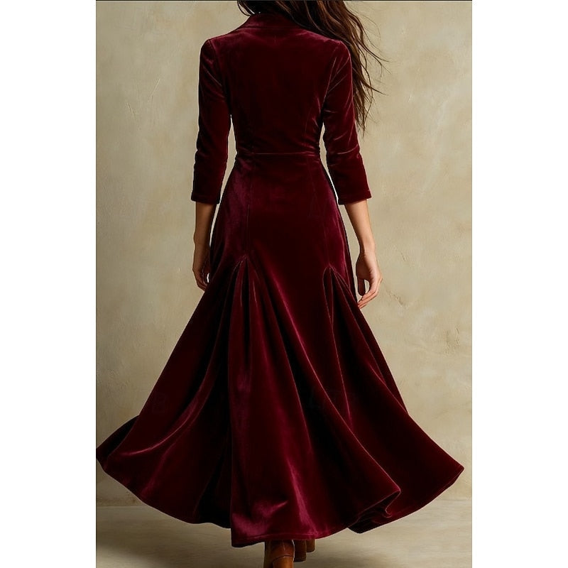 Floor Length Maxi Dress with Deep V Neckline and Button Front Bodice, Long Sleeves