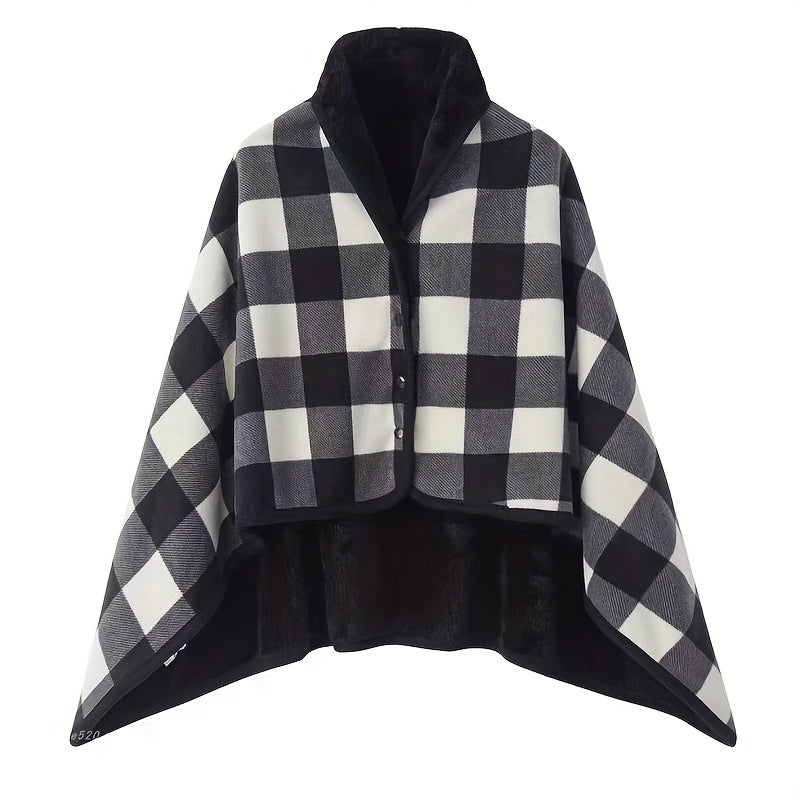 Plaid Shawl with Button Closure and Shoulder Drape Coverage