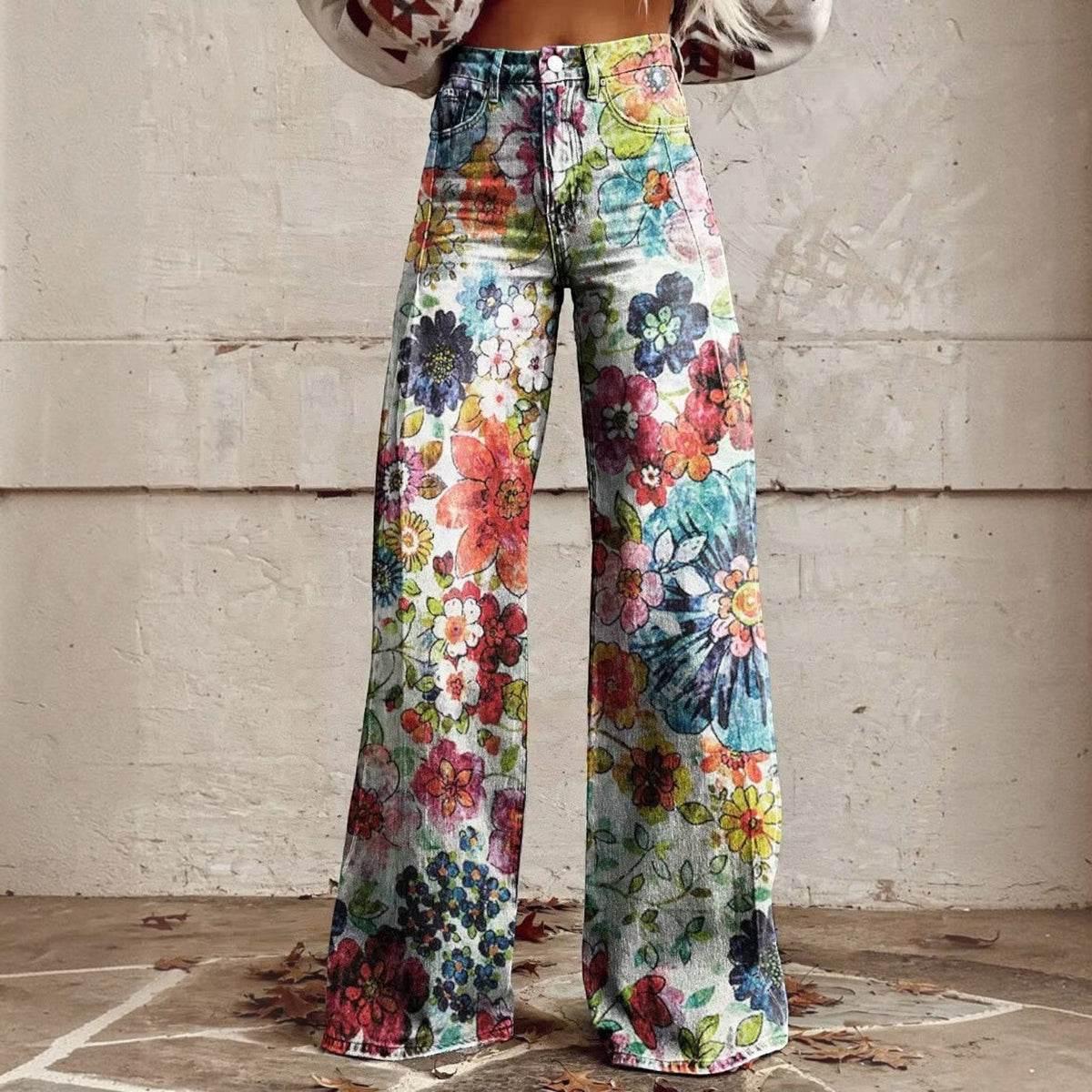 Floral Bell Bottom Pants with High Waist and Stretch Cotton Blend