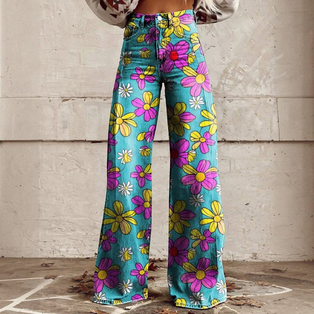 Floral Bell Bottom Pants with High Waist and Stretch Cotton Blend