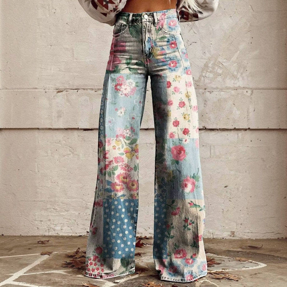 Floral Bell Bottom Pants with High Waist and Stretch Cotton Blend
