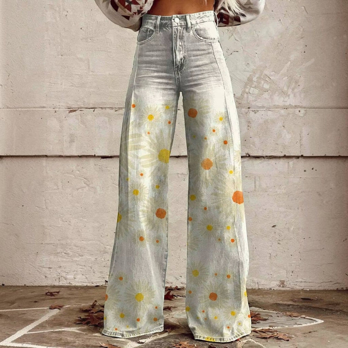 Floral Bell Bottom Pants with High Waist and Stretch Cotton Blend