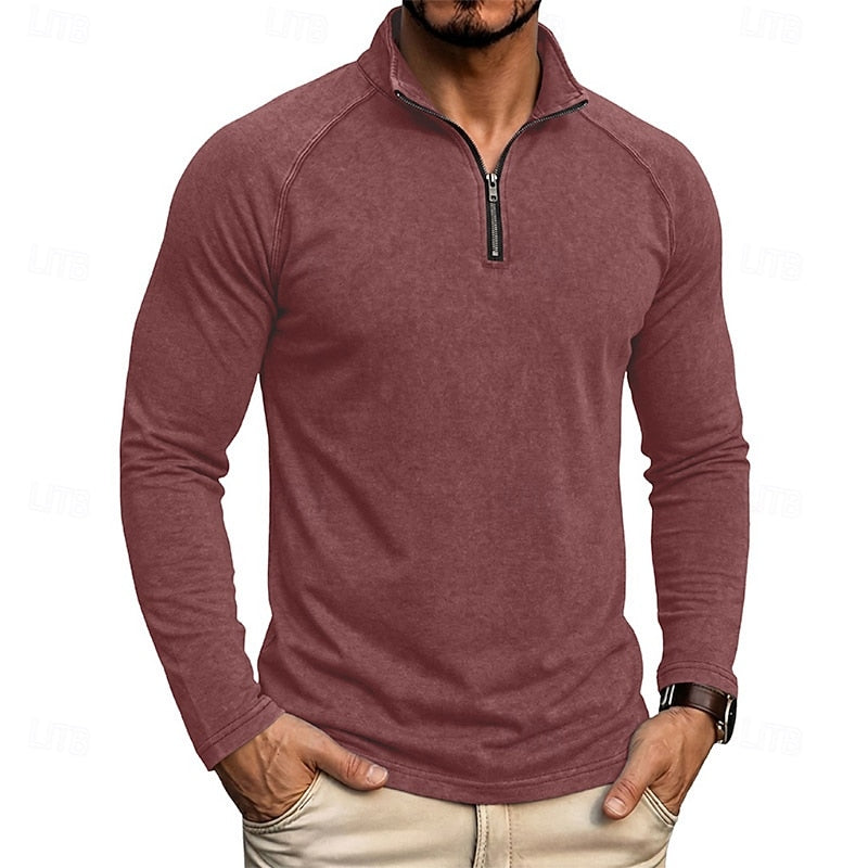 Mens Zip Collar Top with Relaxed Fit and Soft Draping Fabric