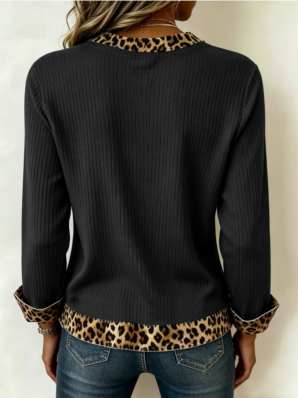 Ribbed V Neck Top with Animal Print Trim and Relaxed Fit