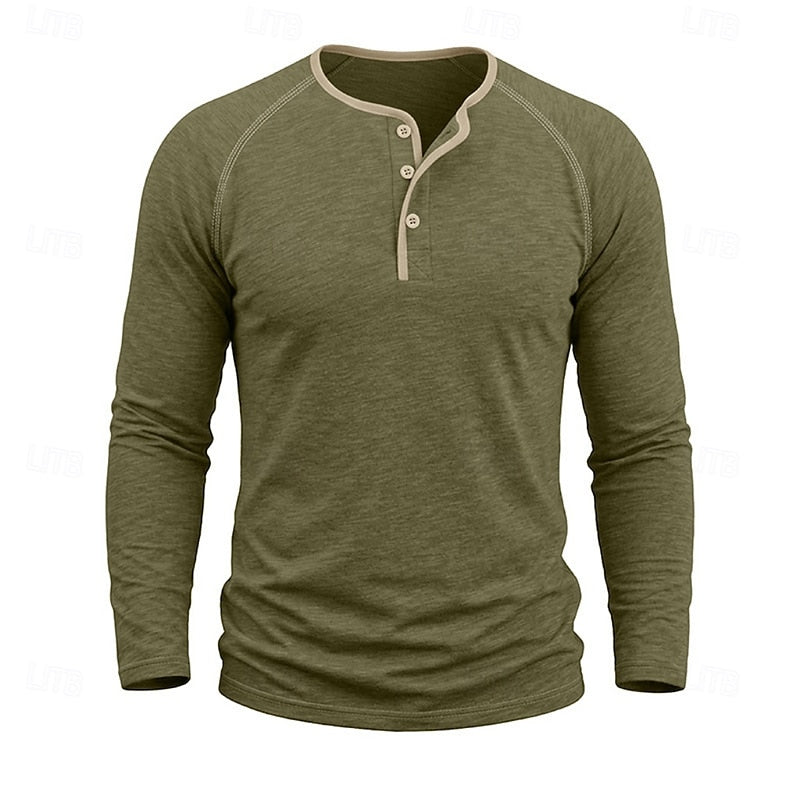 Long Sleeve Henley Shirt with Button Placket and Raglan Sleeves