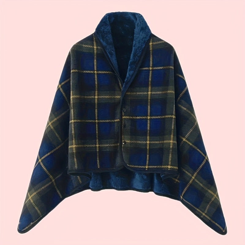 Plaid Shawl with Button Closure and Shoulder Drape Coverage