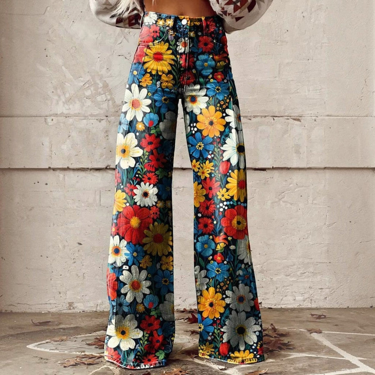 Floral Bell Bottom Pants with High Waist and Stretch Cotton Blend