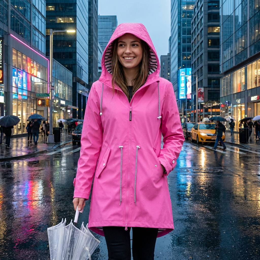 Extended Length Rain Jacket with Adjustable Hood and Front Zipper for Women