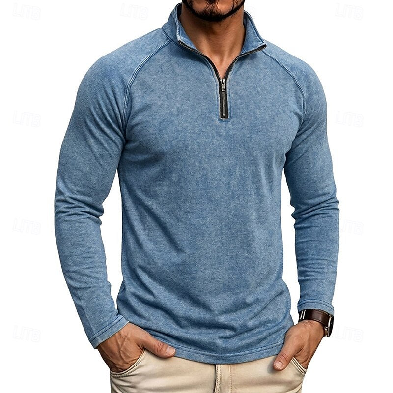Mens Zip Collar Top with Relaxed Fit and Soft Draping Fabric