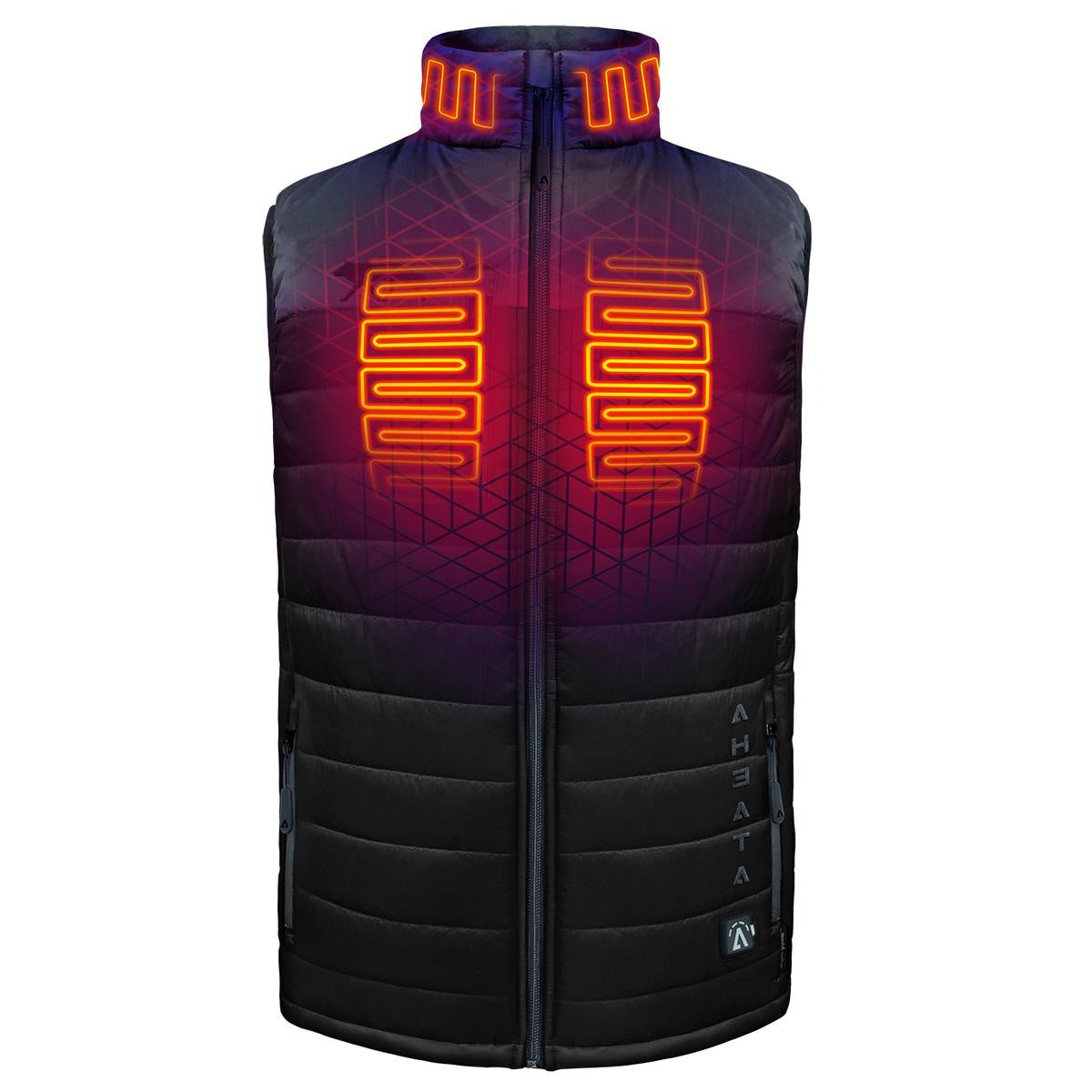 Black heated vest with glowing orange heating elements on chest and collar