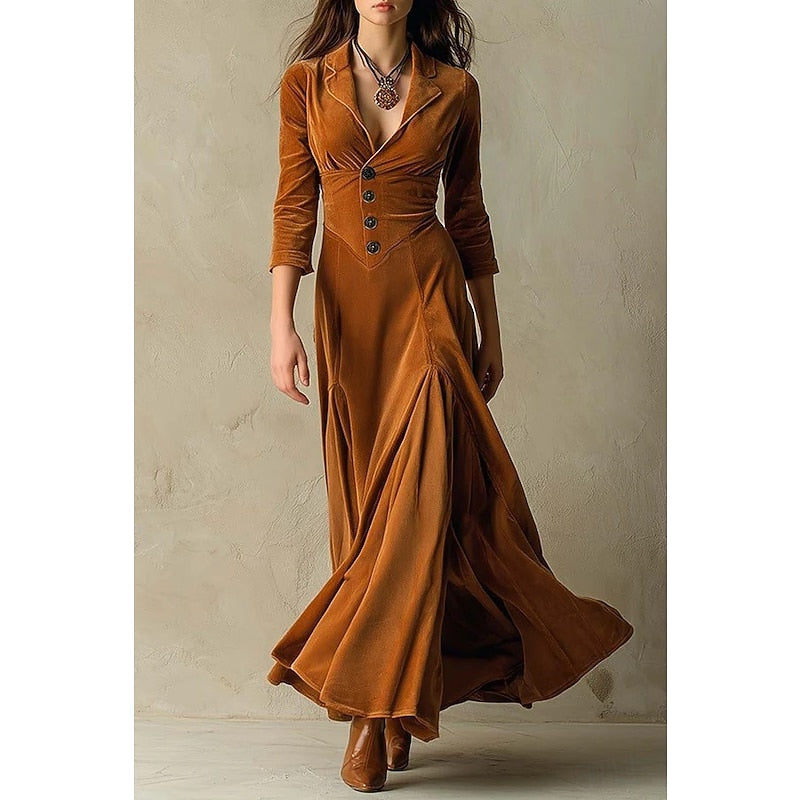 Floor Length Maxi Dress with Deep V Neckline and Button Front Bodice, Long Sleeves