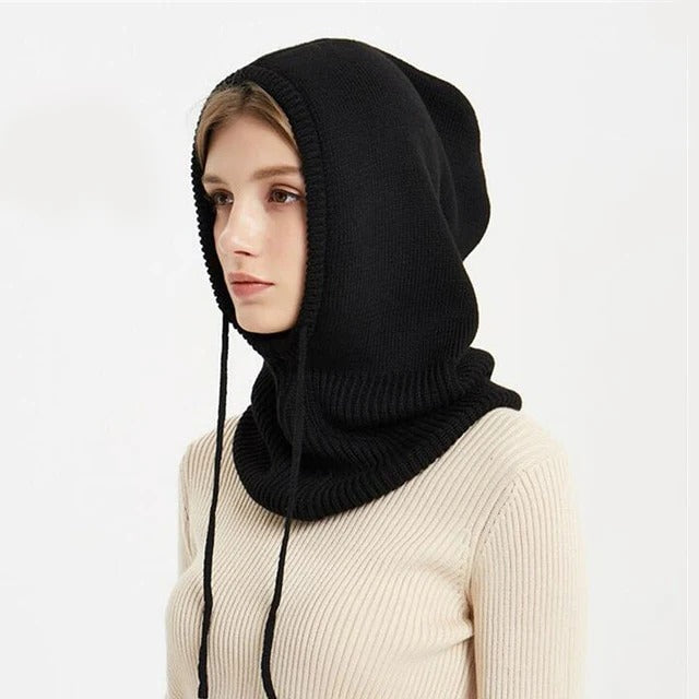 Wool Hooded Beanie with Drawstring Adjustment and Neck Coverage for Winter
