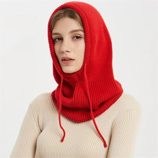 Wool Hooded Beanie with Drawstring Adjustment and Neck Coverage for Winter
