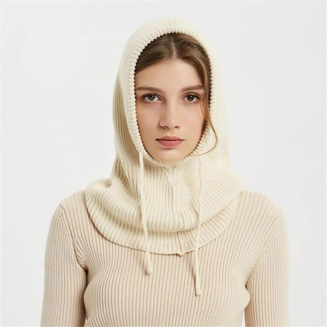 Wool Hooded Beanie with Drawstring Adjustment and Neck Coverage for Winter
