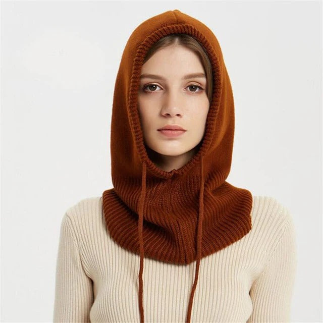 Wool Hooded Beanie with Drawstring Adjustment and Neck Coverage for Winter