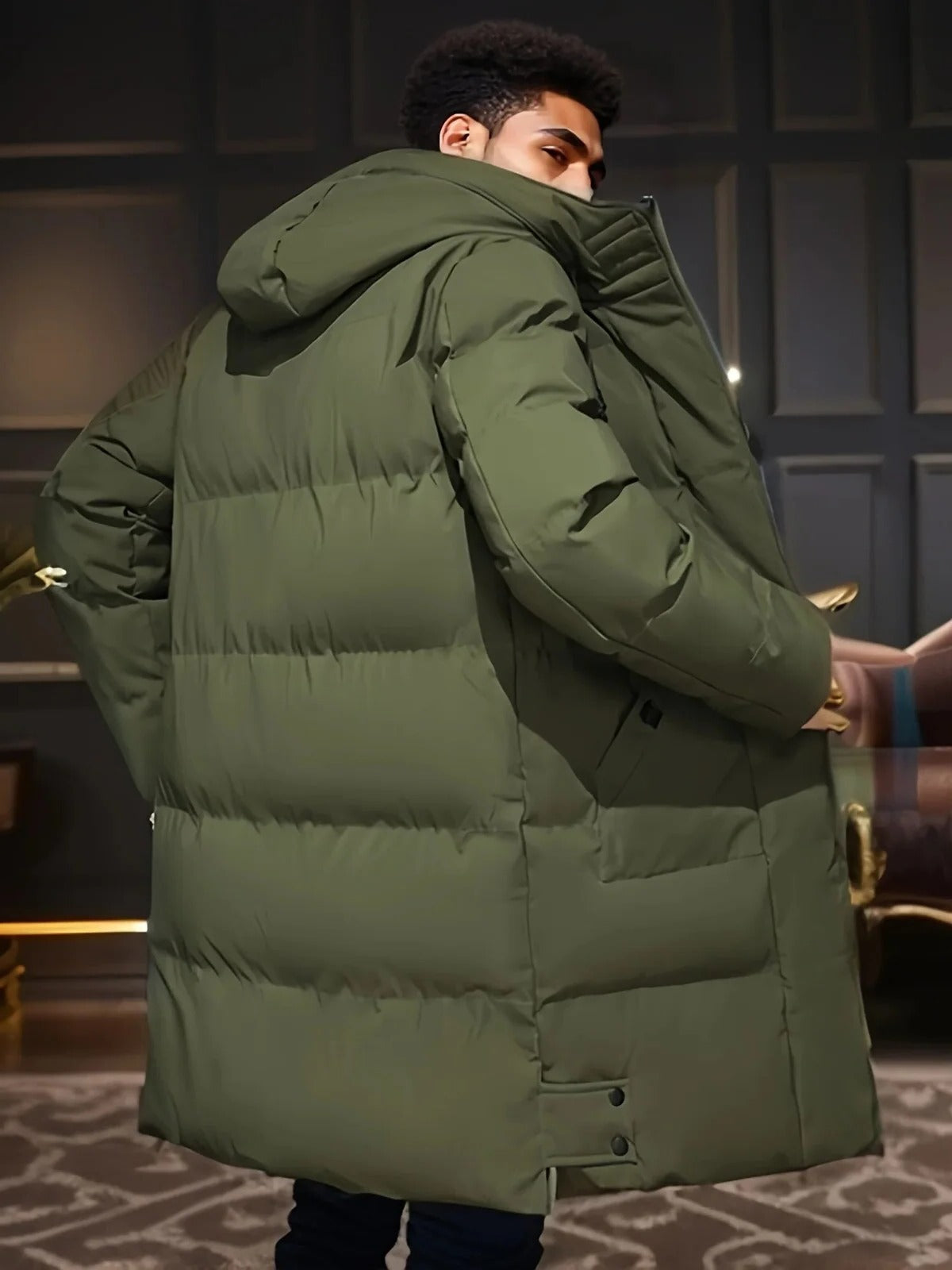 Mens Long Winter Jacket with Adjustable Hood and Insulated Lining