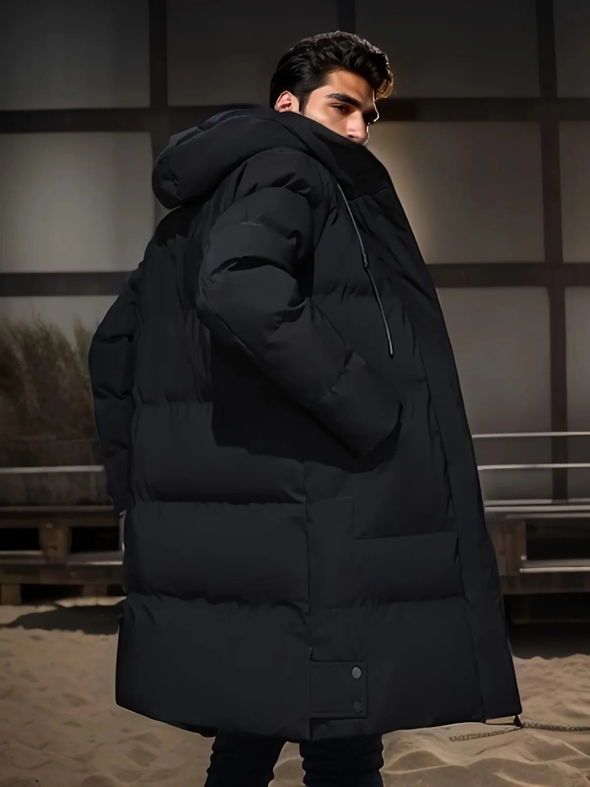 Mens Long Winter Jacket with Adjustable Hood and Insulated Lining