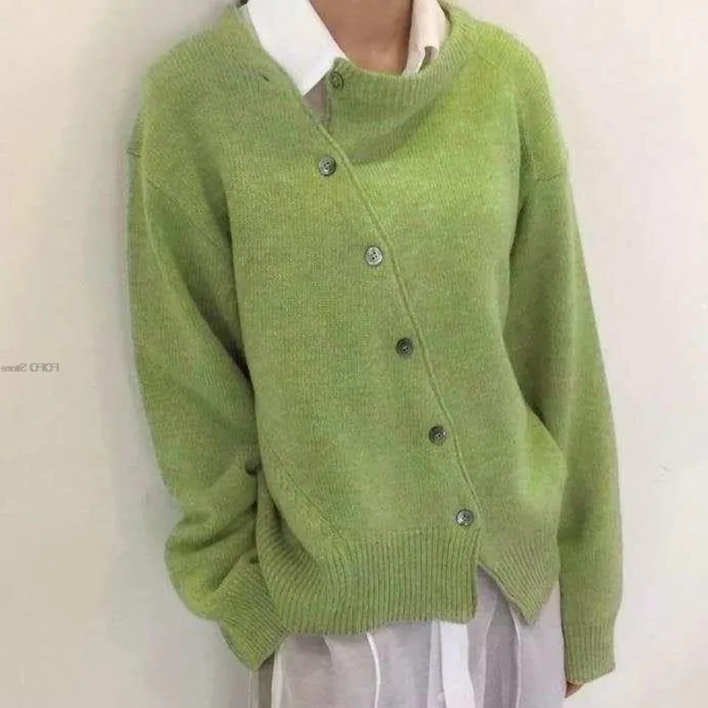 Wrap Cardigan with Asymmetrical Button Closure and Soft Knit Fabric