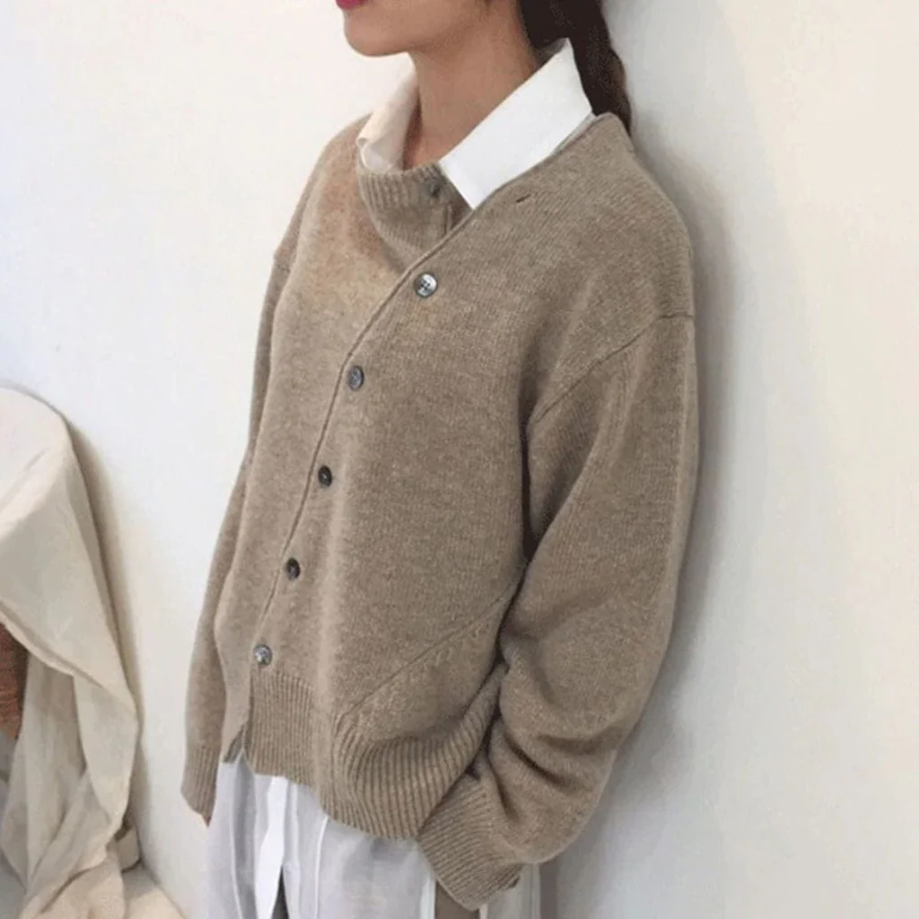 Wrap Cardigan with Asymmetrical Button Closure and Soft Knit Fabric