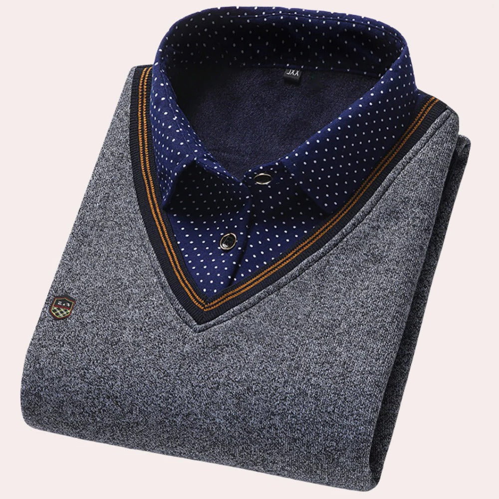 Collared Pullover Sweater with Built In Shirt Collar and Woven Fabric, Machine Washable