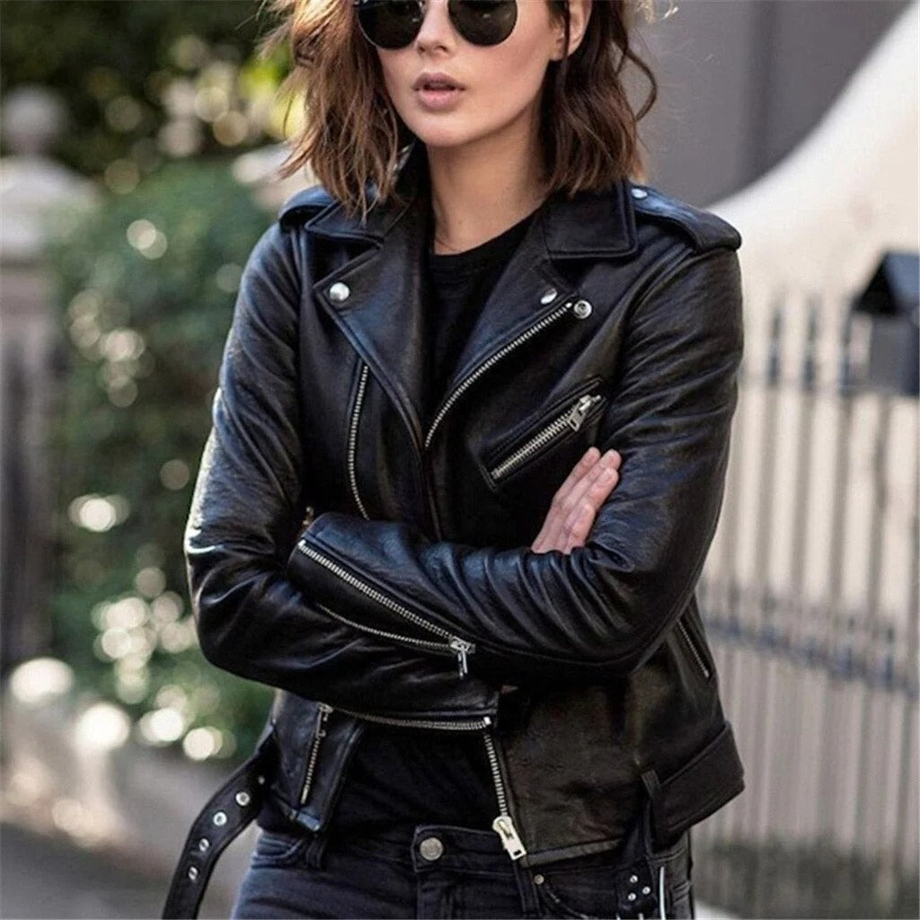 Motorcycle Jacket with Slanted Zipper and Adjustable Cuffs, Wide Snap Collar