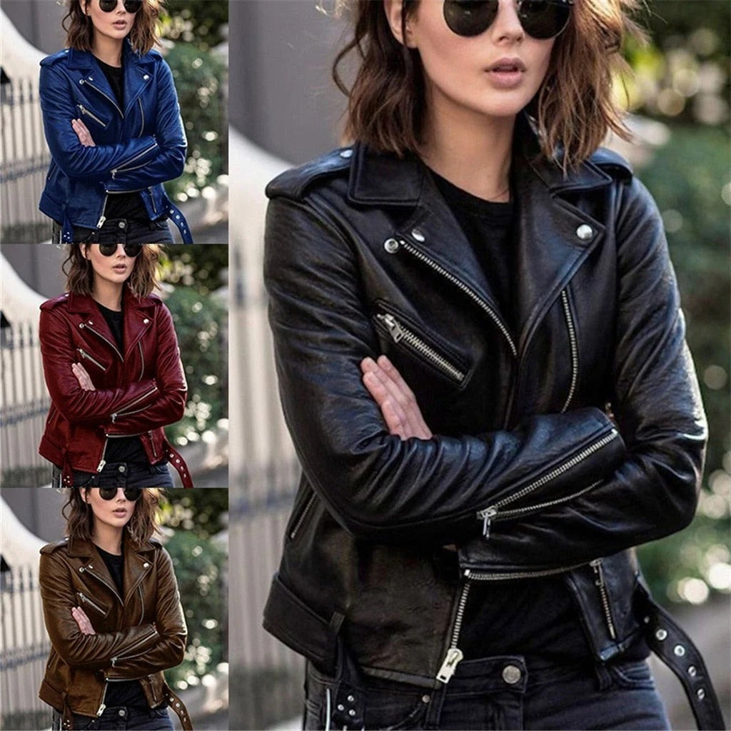 Motorcycle Jacket with Slanted Zipper and Adjustable Cuffs, Wide Snap Collar