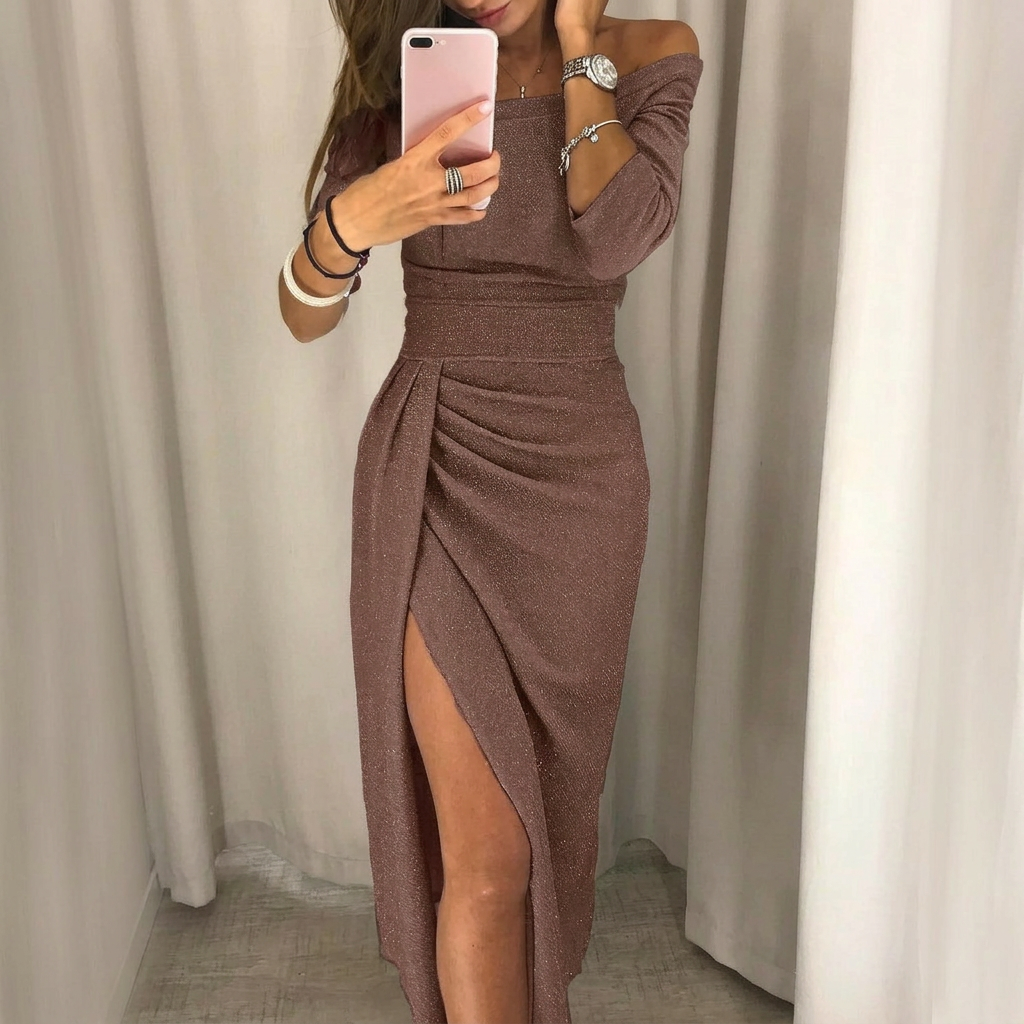 Formal Evening Gown with Off Shoulder Neckline and Full Length Sleeves, Side Slit