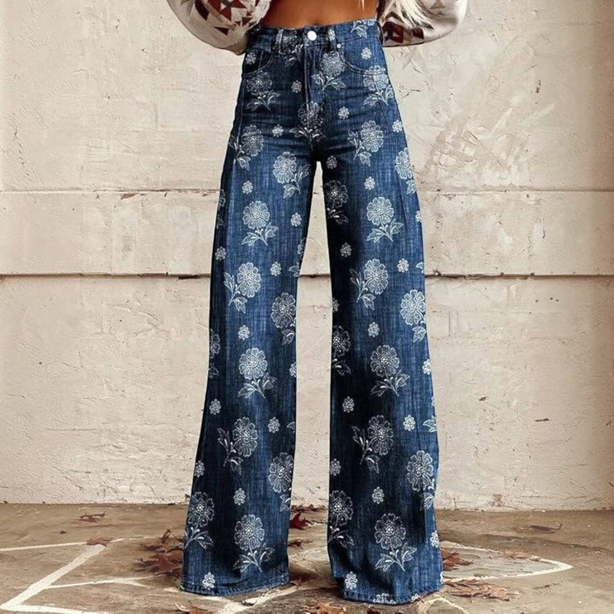 Floral Bell Bottom Pants with High Waist and Stretch Cotton Blend