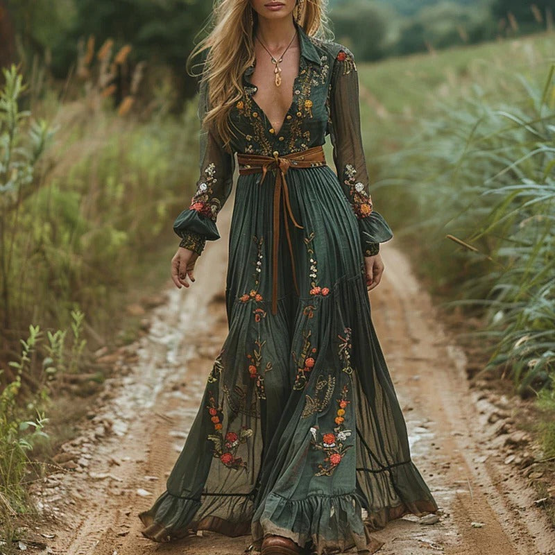Embroidered Maxi Dress with Tiered Chiffon Panels and Ruffled Hem