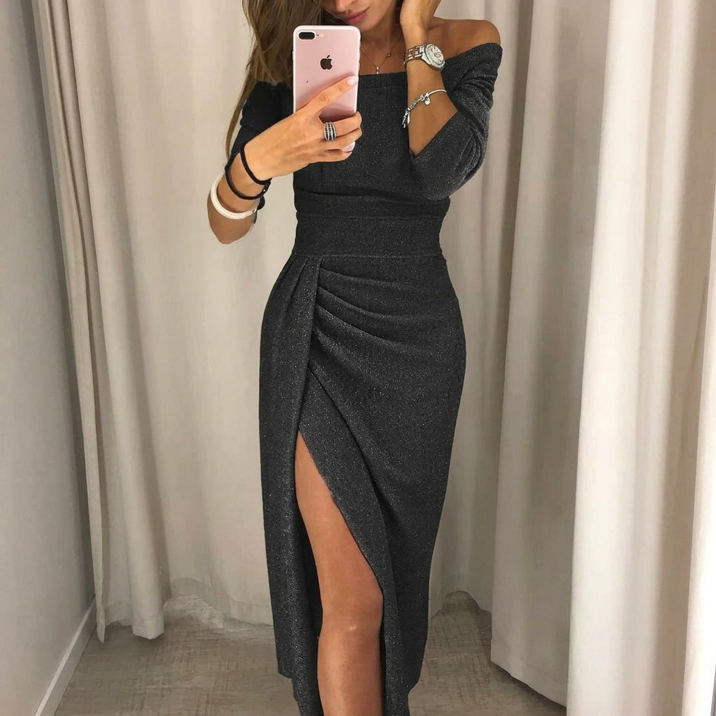 Formal Evening Gown with Off Shoulder Neckline and Full Length Sleeves, Side Slit