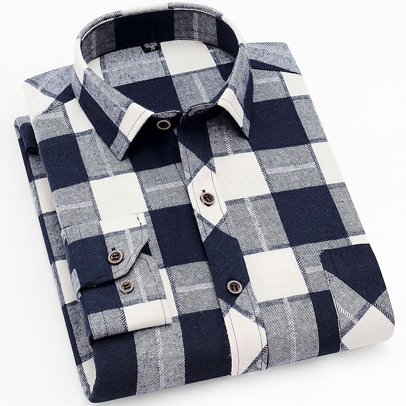 Mens Check Button Up Shirt with Long Sleeves and Tailored Fit