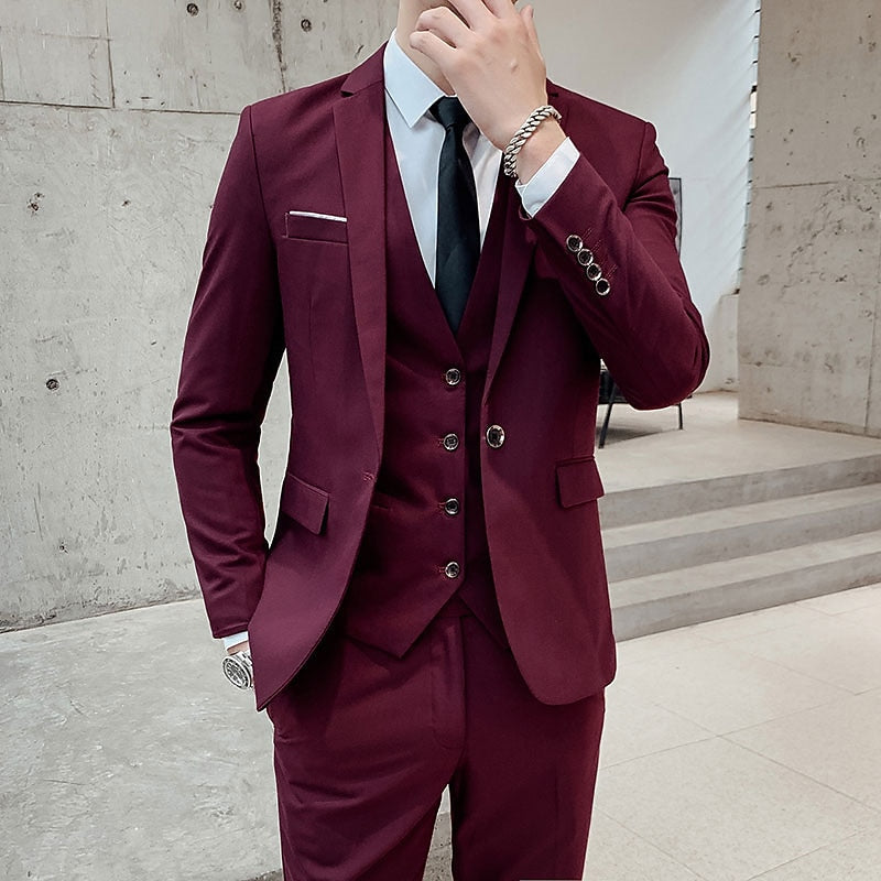 Three Piece Suit Set with Single Breasted Jacket and Tailored Fit
