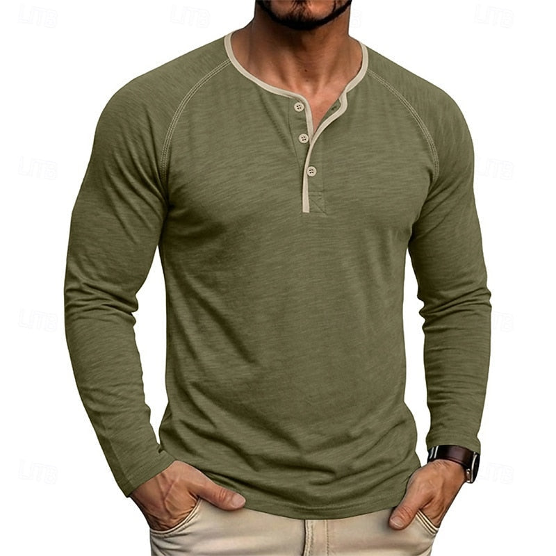 Long Sleeve Henley Shirt with Button Placket and Raglan Sleeves