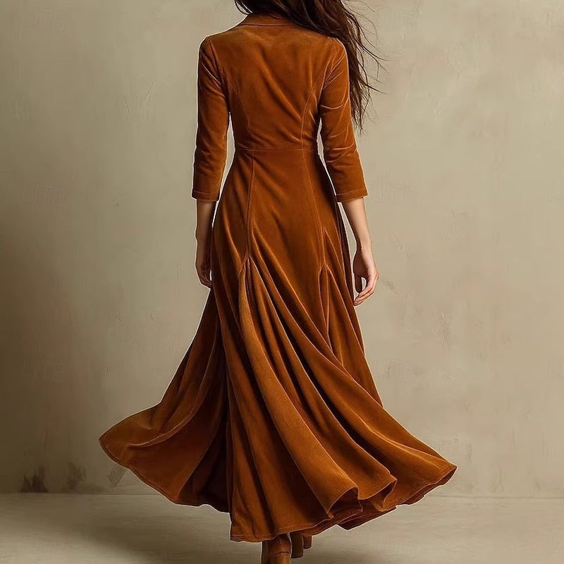 Floor Length Maxi Dress with Deep V Neckline and Button Front Bodice, Long Sleeves