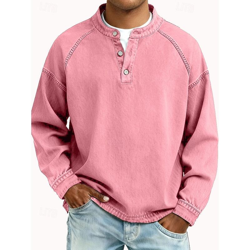 Henley Shirt with Button Placket and Raglan Sleeves, Standing Collar