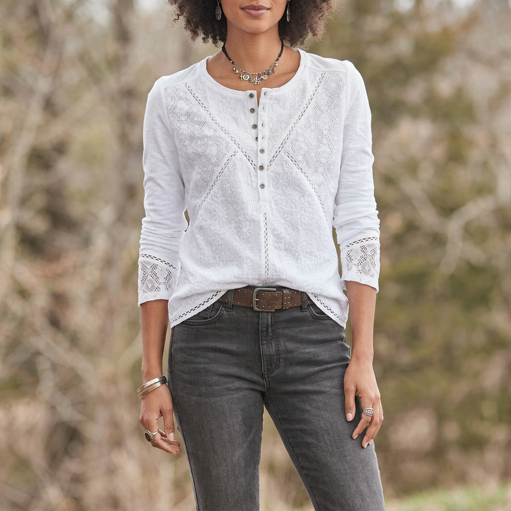 White Lace Henley Top with Button Placket, Long Sleeves and Relaxed Fit